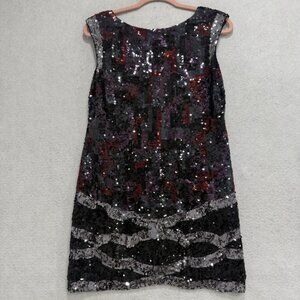 BCBGMAXAZRIA Dress Womens XXS Black Sequin Silk V Neck Cocktail Mini